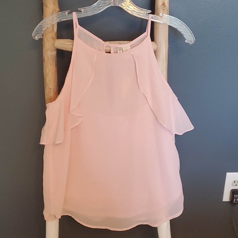 spaghetti strap sleeveless ruffled top in a peach blush color. NWT Small